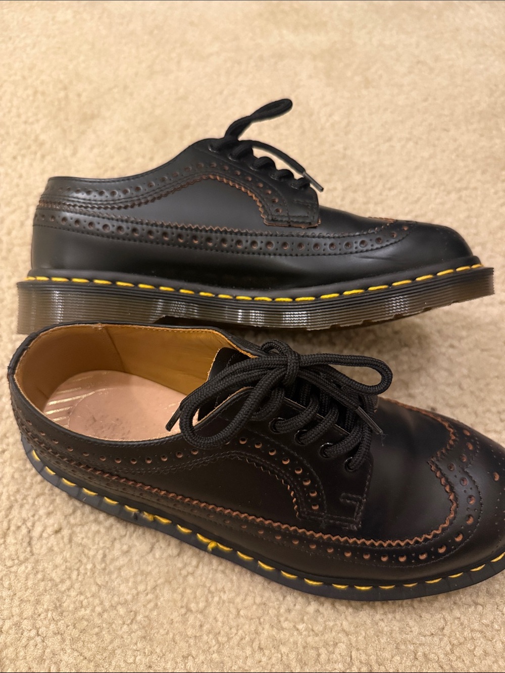 Dr. Martens Black Wingtip Brogue Oxfords with Yellow Stitching